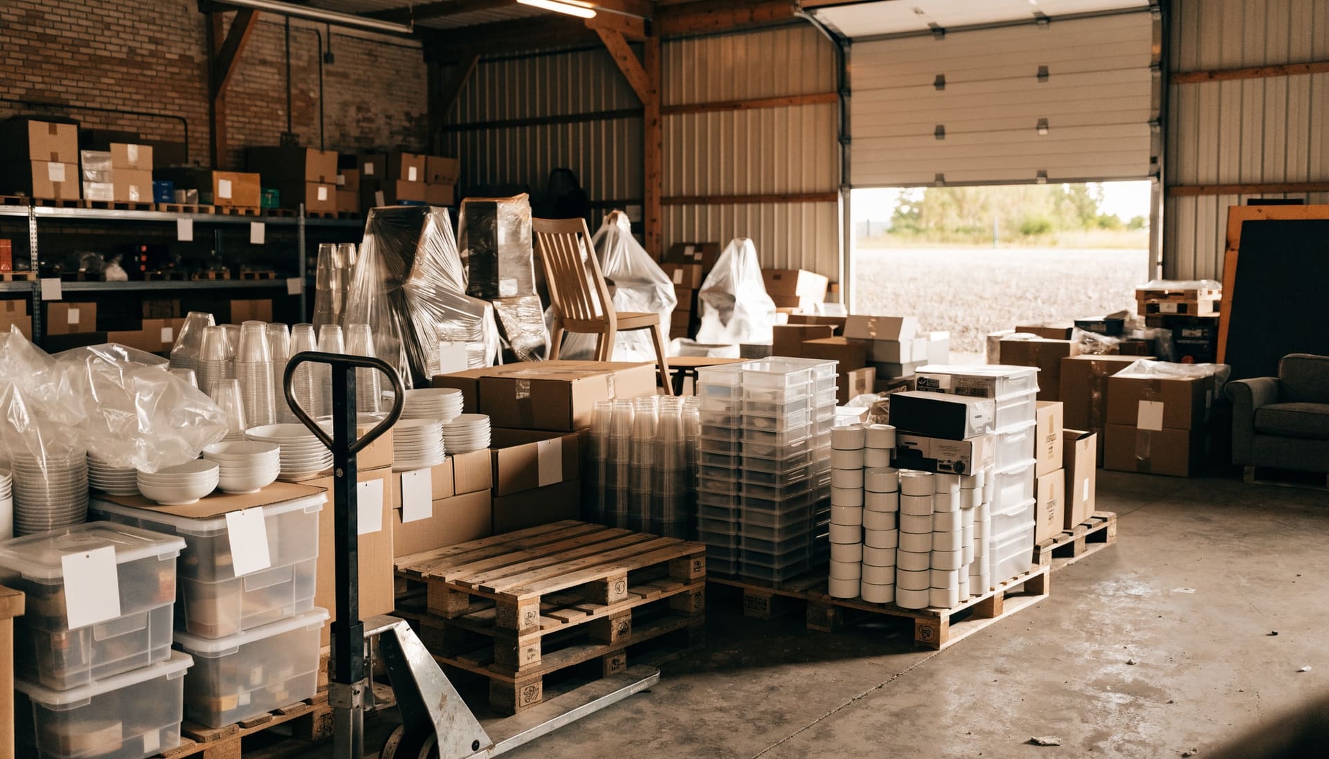 Representative image: boxed and wrapped auction lots on skids in a warehouse
