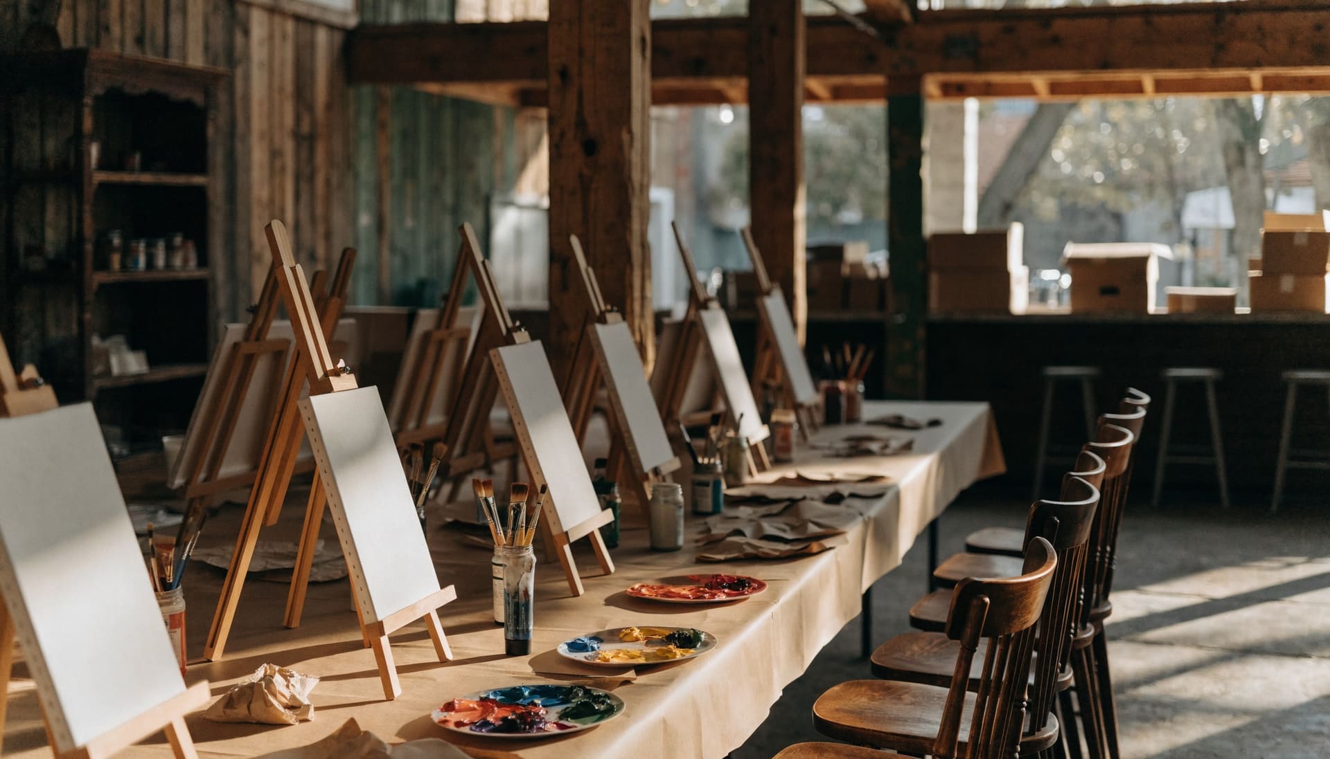 Representative image: a craft table set with easels, canvases and paints